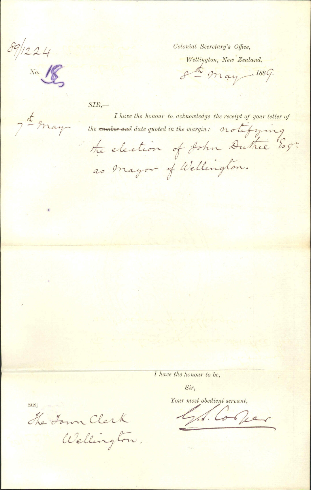 Acknowledging receipt of our letter of 7th instance - Colonial Secretary