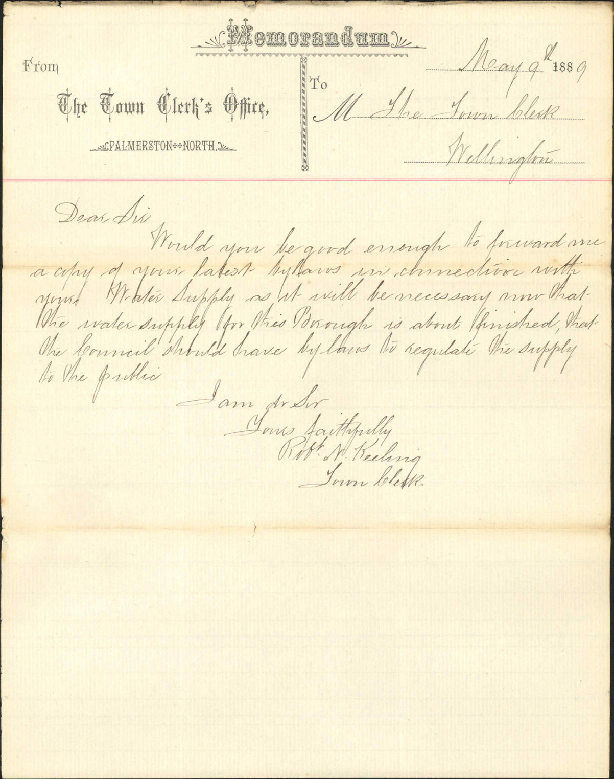 Asking for copy of bylaws regarding water supply - Town Clerk Palmerston North