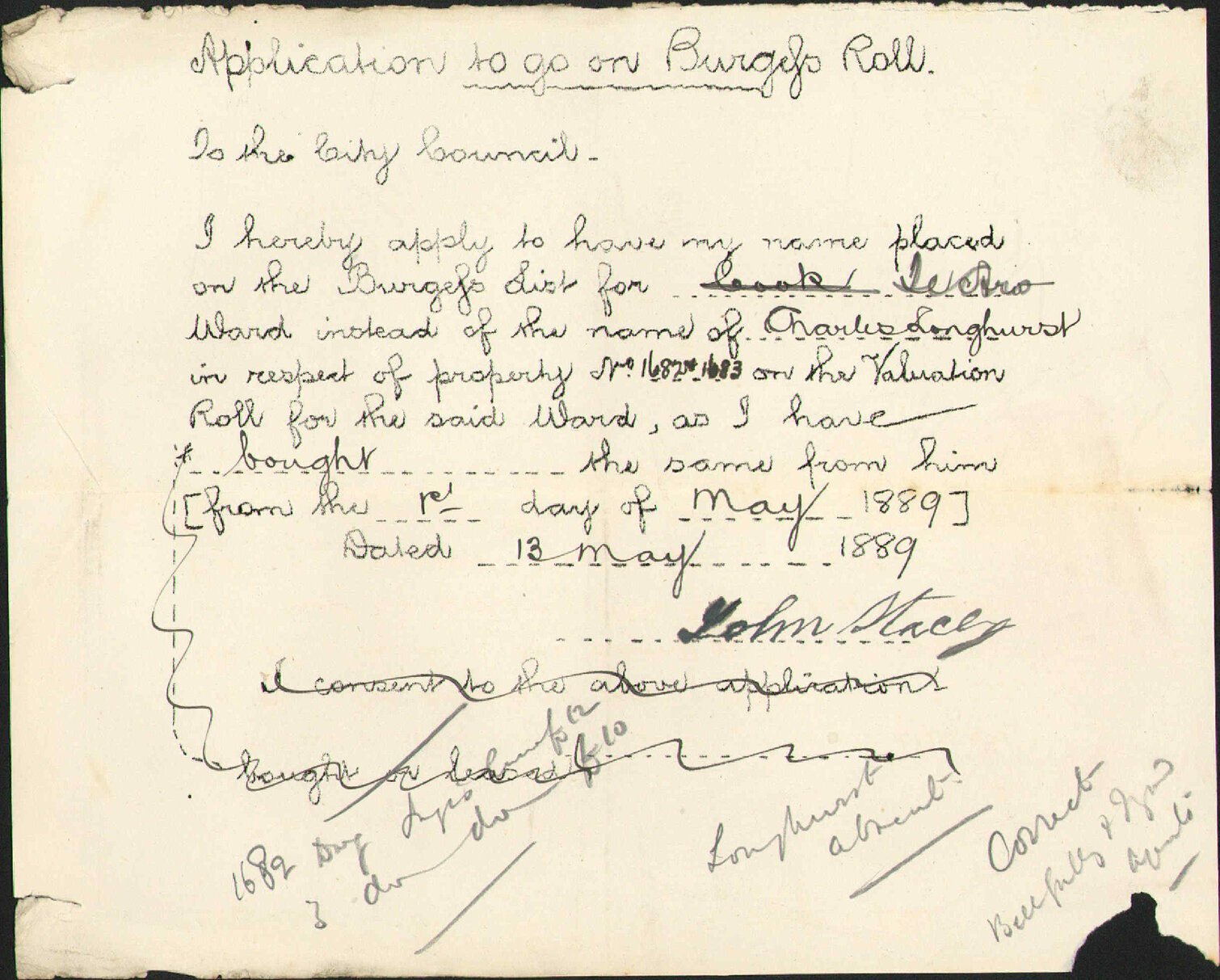 Asking to be placed on burgess roll - John Stacey