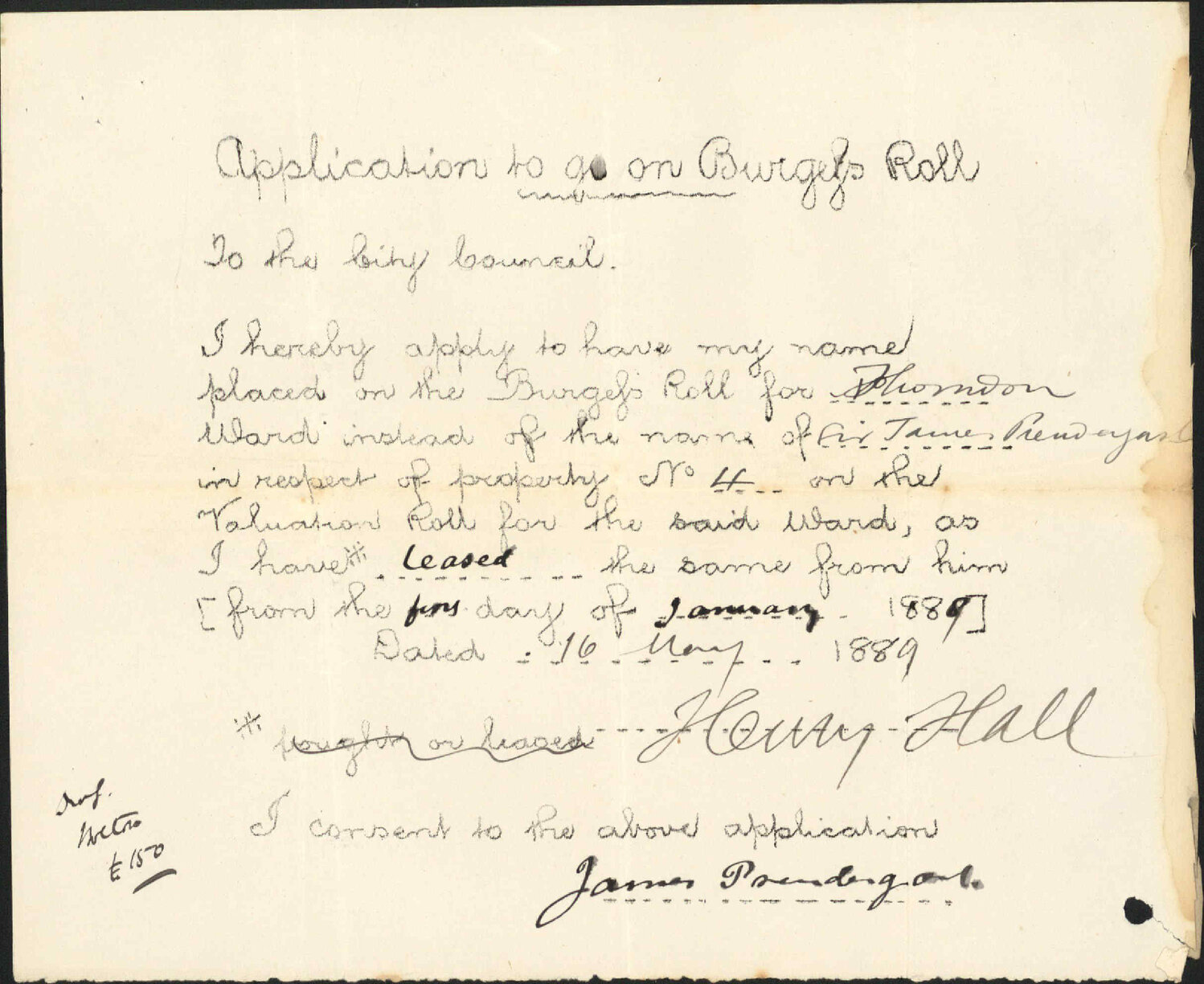 Asking to be placed on burgess roll - Henry Hall