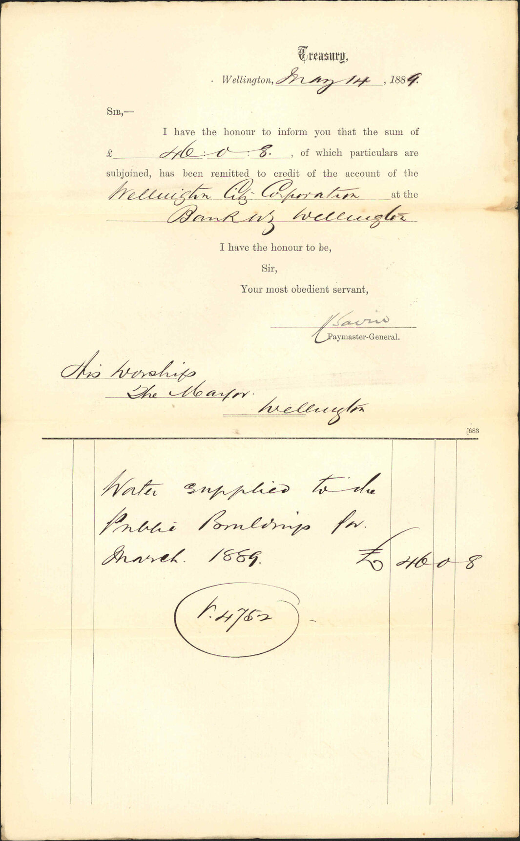 Advising payment of water account - Treasury