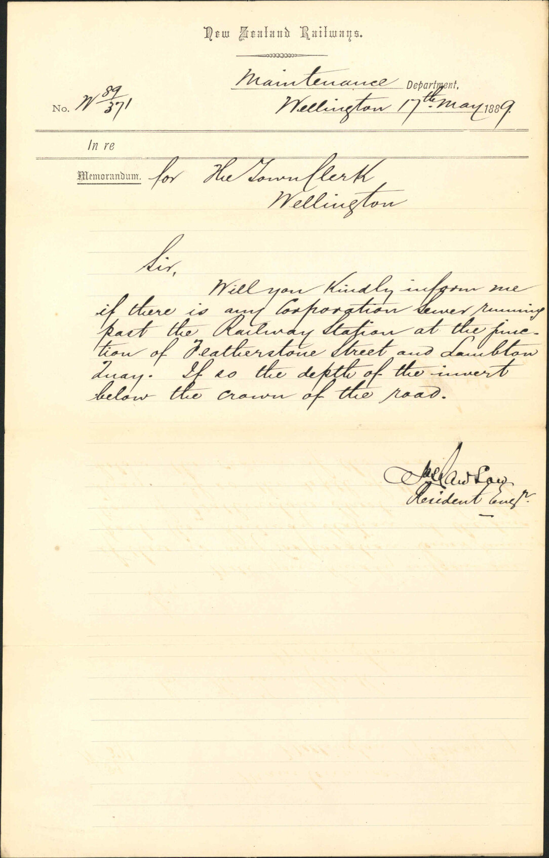 Enquiry as to Featherston Street sewer - Railway Department