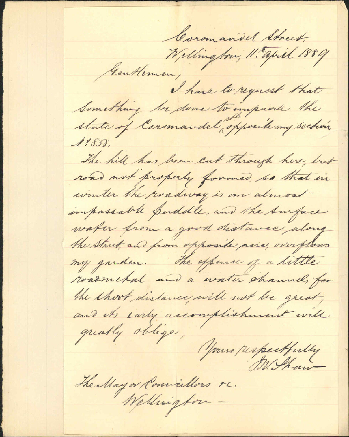 Asking for repairs to Coromandel Street - J W Shaw