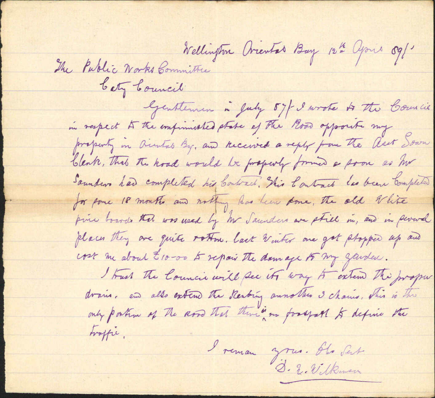 Asking for repairs to Oriental Bay Road - D W Wilkinson