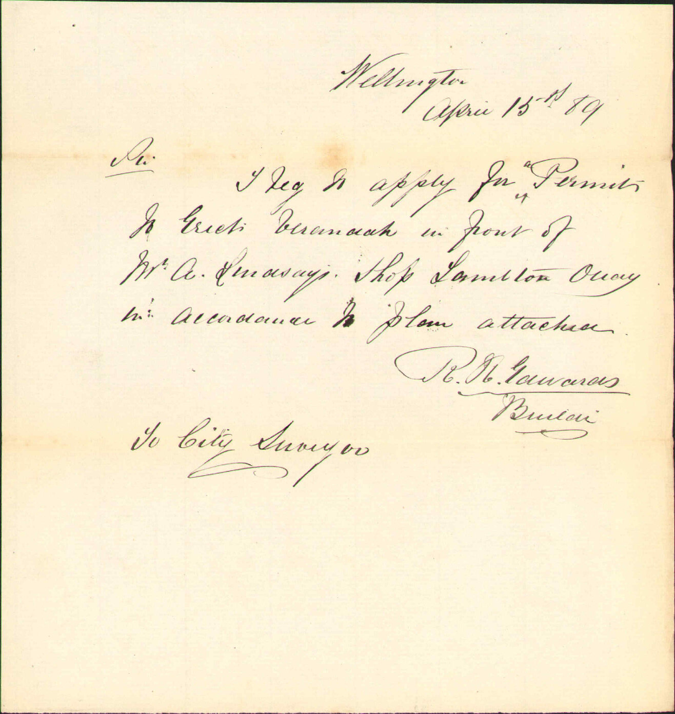 Application for leave to erect verandah - R H Edwards