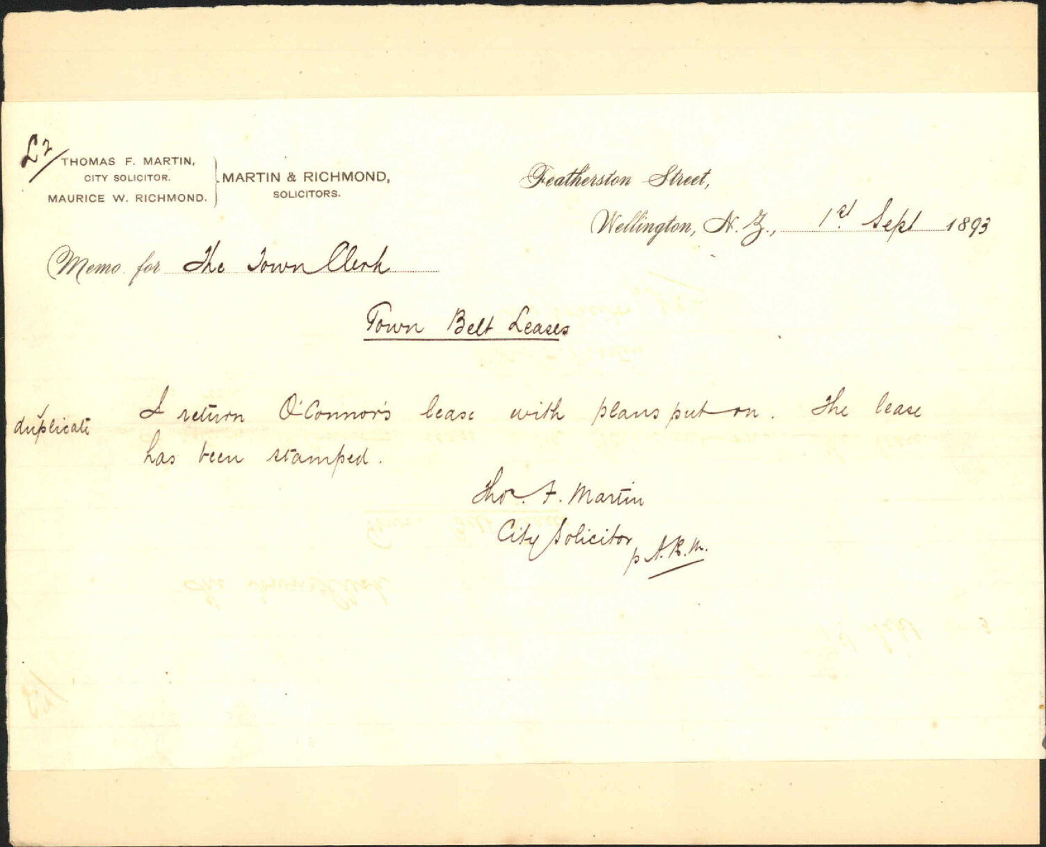 O'Connor's lease, Town Belt - City Solicitor