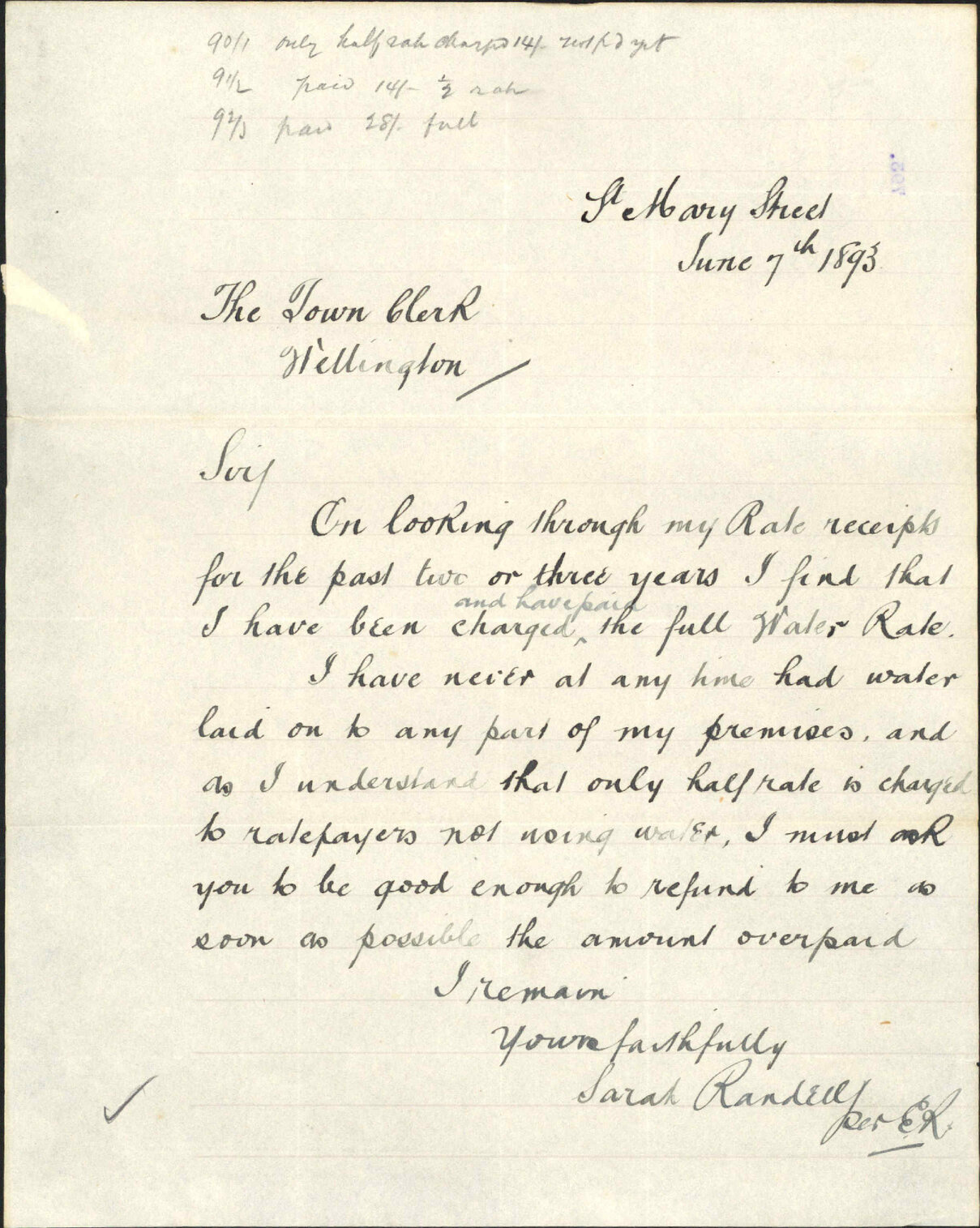 Asking refund of water rate - Mrs Randell