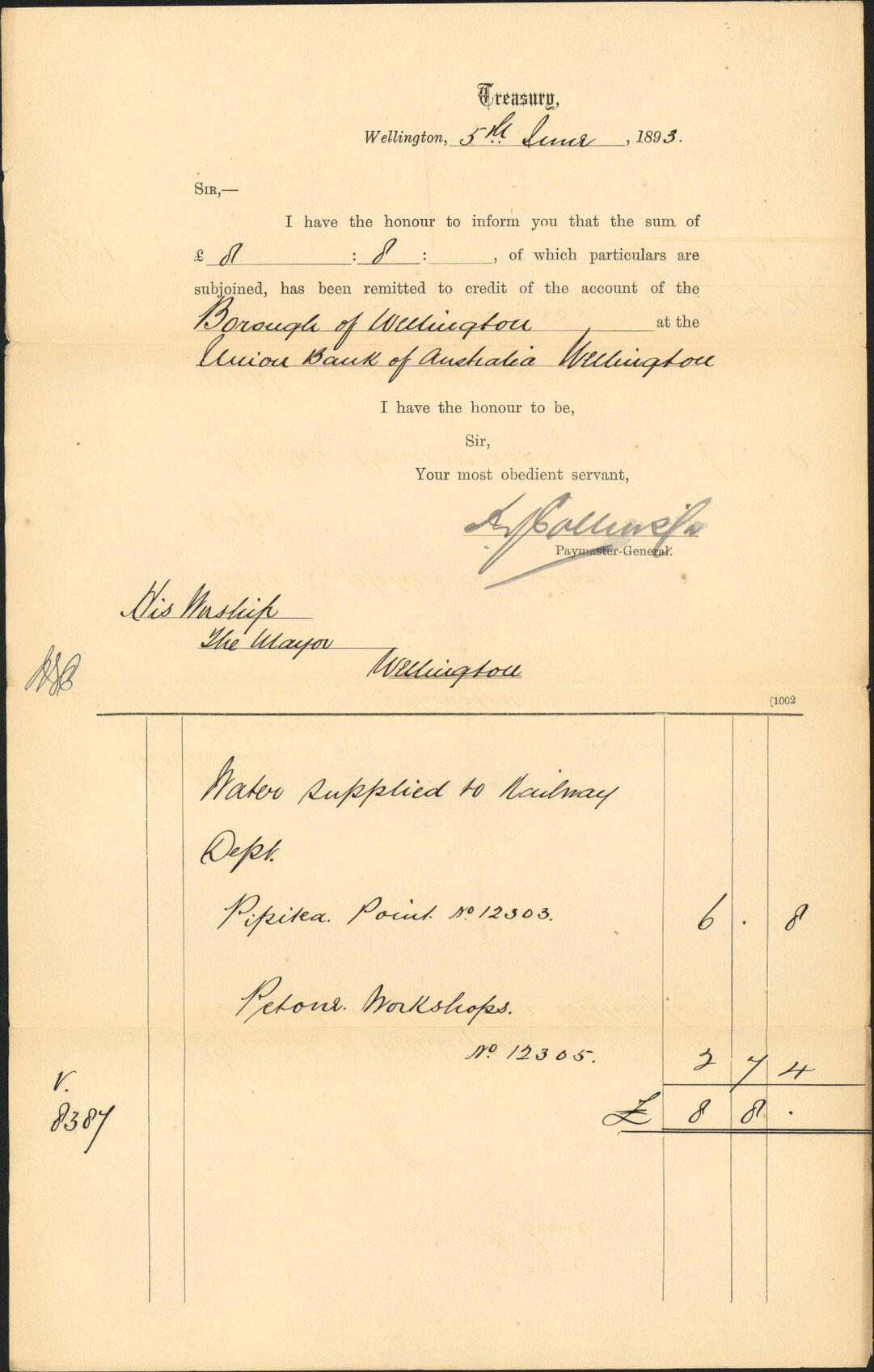 Advising payment of account - Treasury