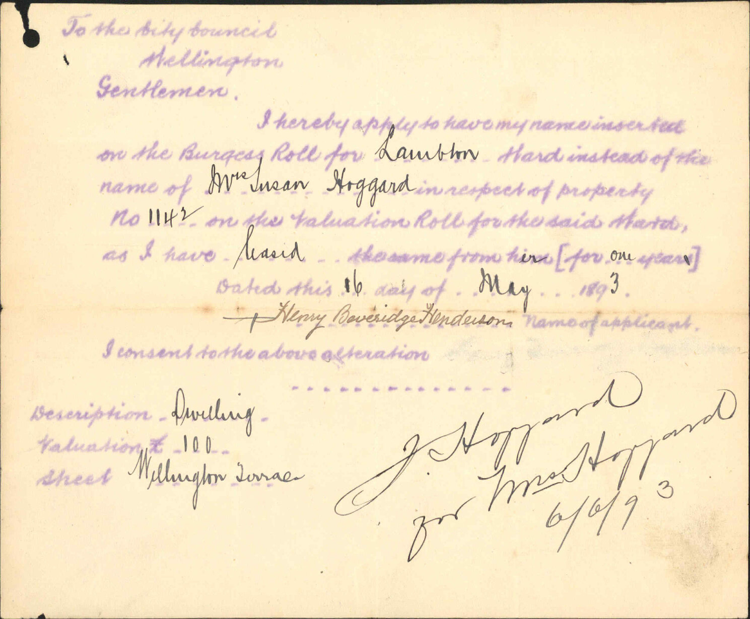 Application to be placed on Burgess Roll - H B Henderson