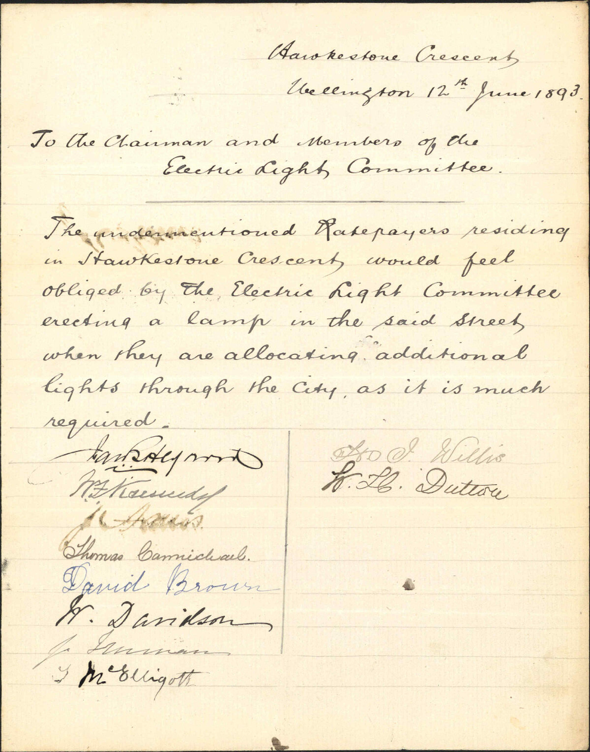 Asking for lamp in Hawkestone Crescent - W H Kennedy and others