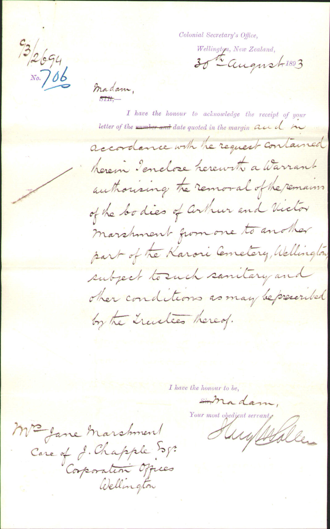 Disinterment at Cemetery (Marshment) - Colonial Secretary