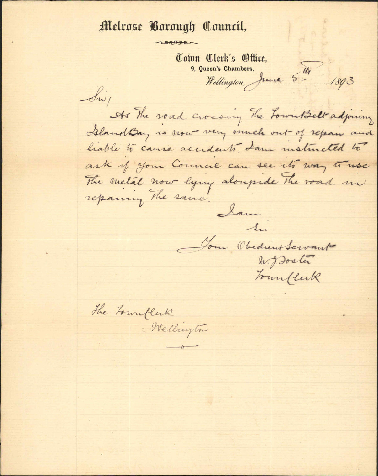 Repairs to road near Island Bay - Town Clerk, Melrose