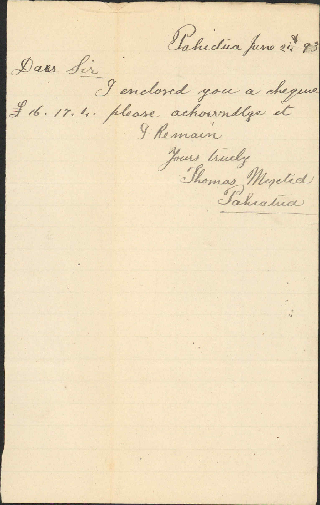 With cheque for rent - Thomas Mexted, Pahiatua