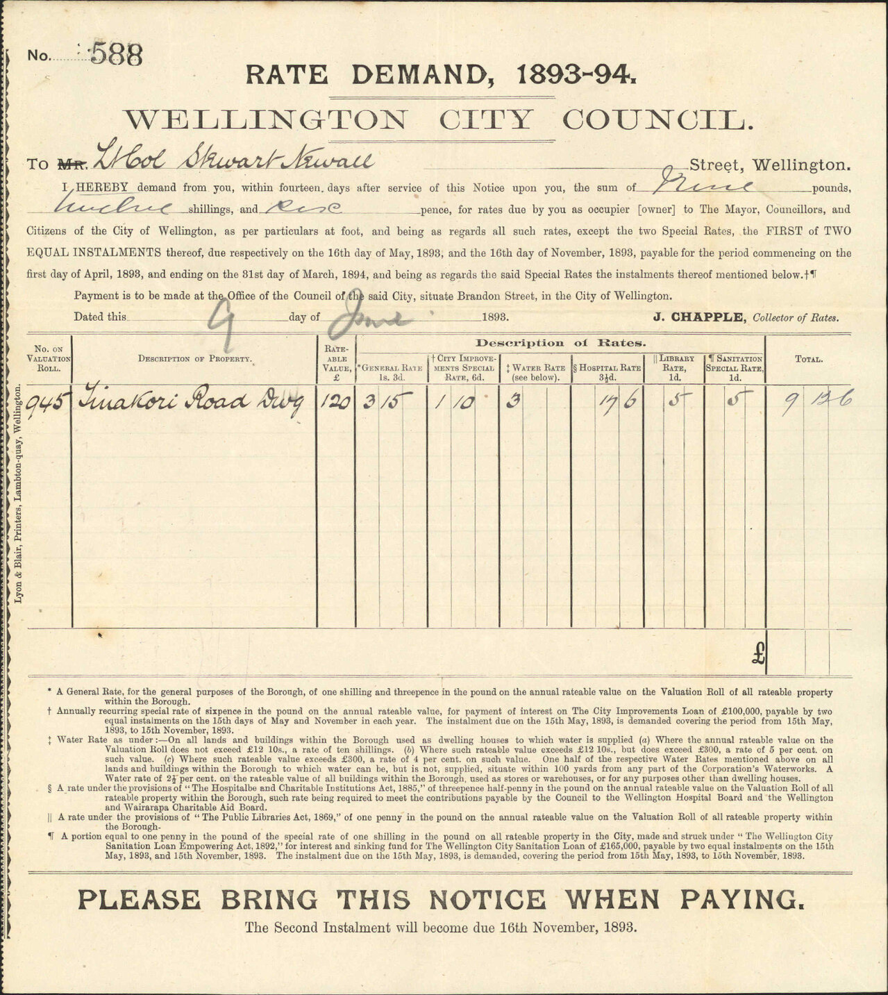 Rates on ministerial residences, Tinakori Road - Collector of Rates