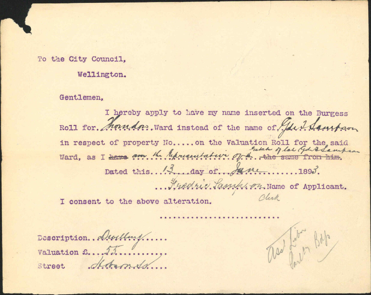 Asking to be placed on Burgess Roll - F Sampson