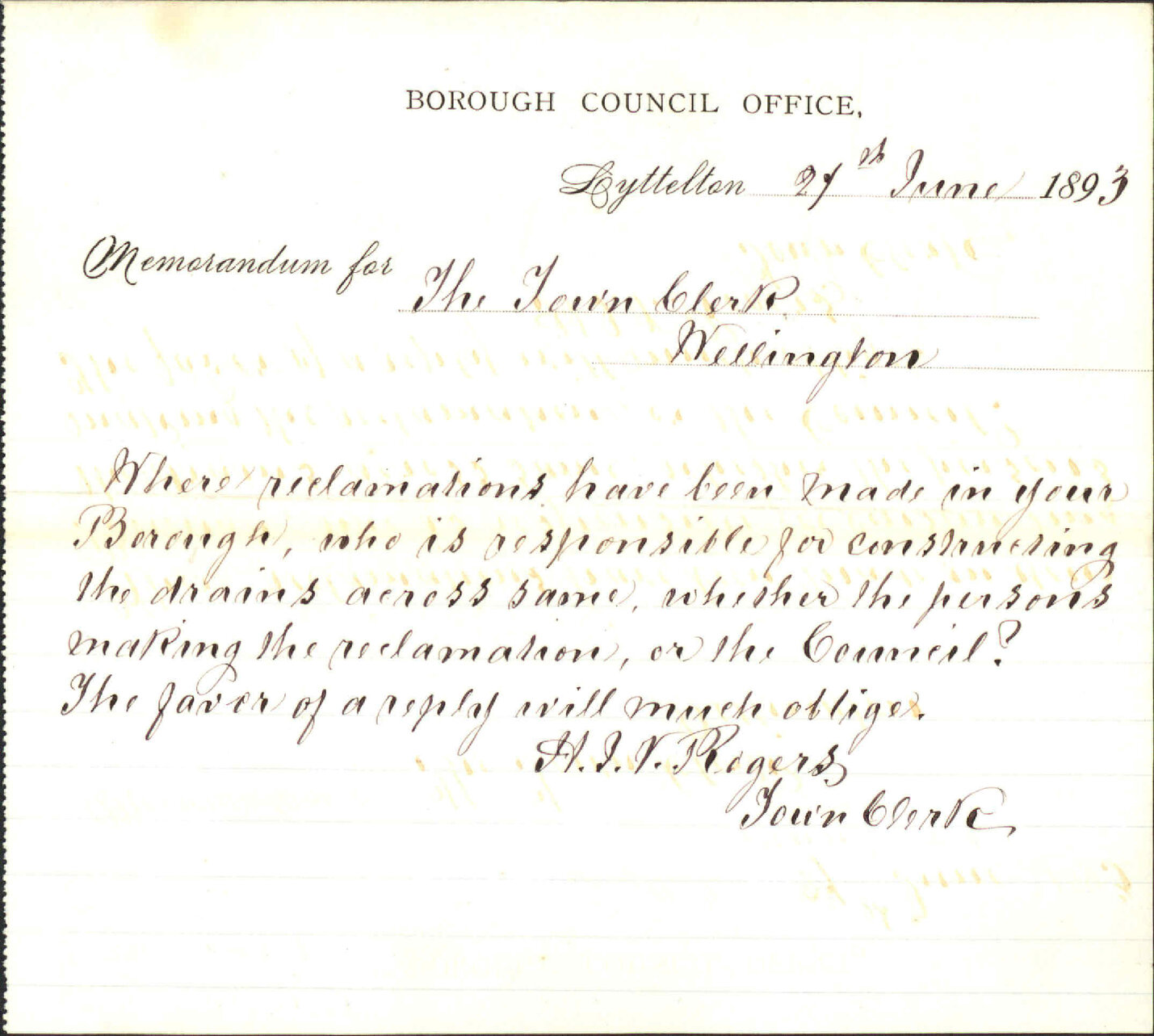Enquiry regarding drains through reclamation - Town Clerk, Lyttelton