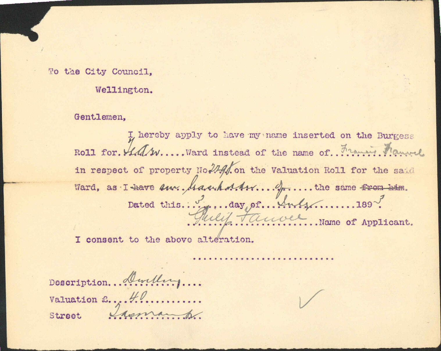 Asking to be placed on Burgess Roll - P Fauvel