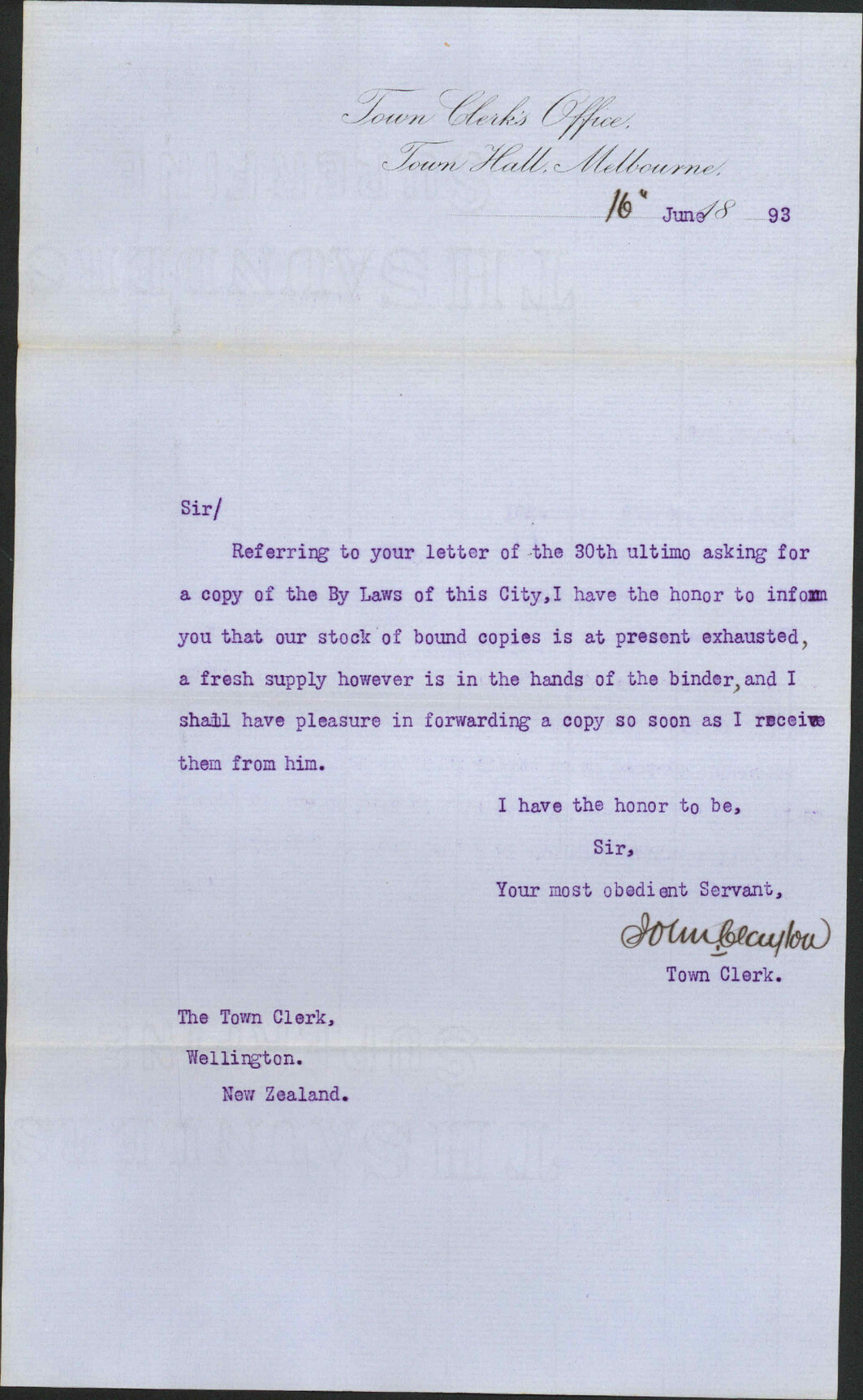 Copy of bylaws - Town Clerk, Melbourne