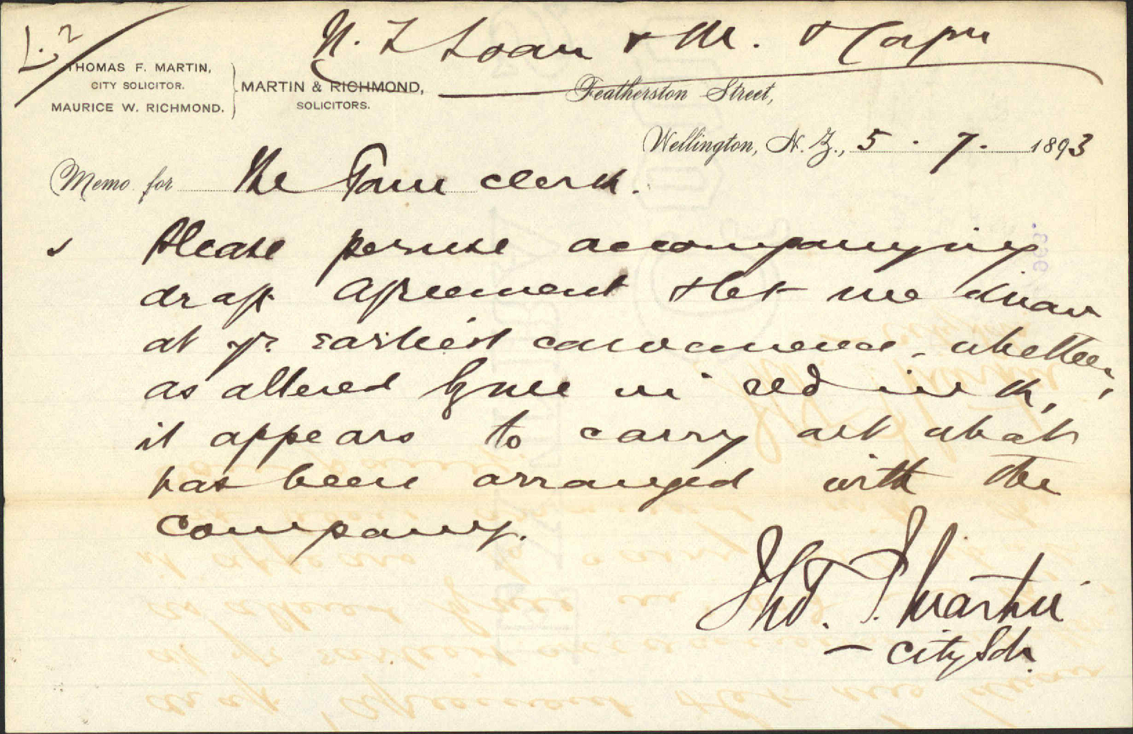 New Zealand Loan and Mercantile Agency Company's agreement - City Solicitor