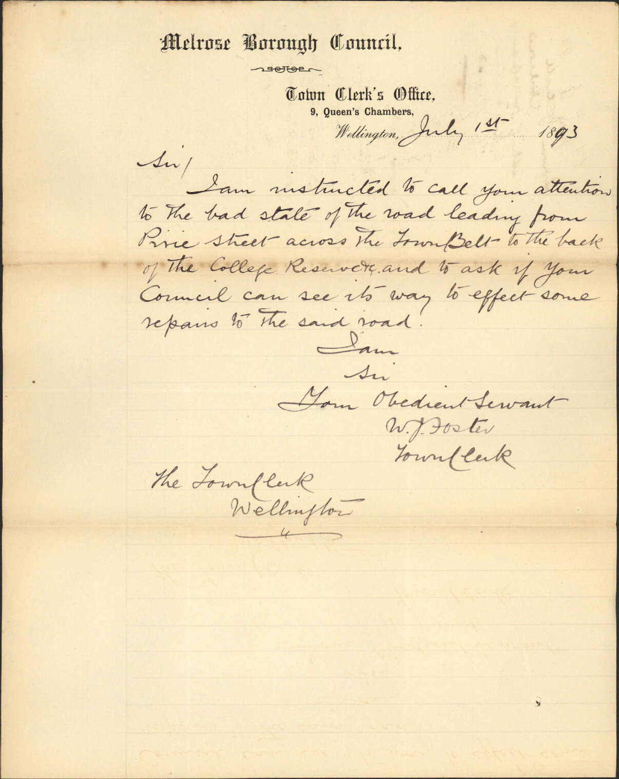 Asking for repairs to Kilbirnie Road - Town Clerk, Melrose