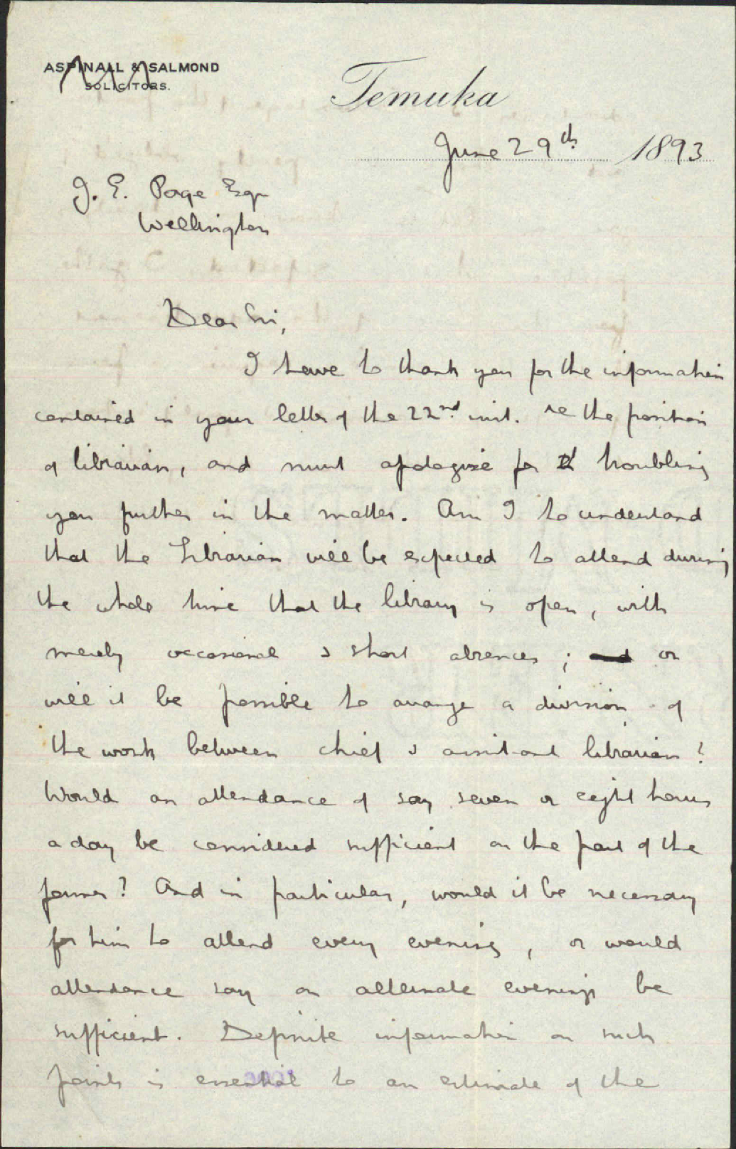 Enquiry regarding Librarian - John W Salmond