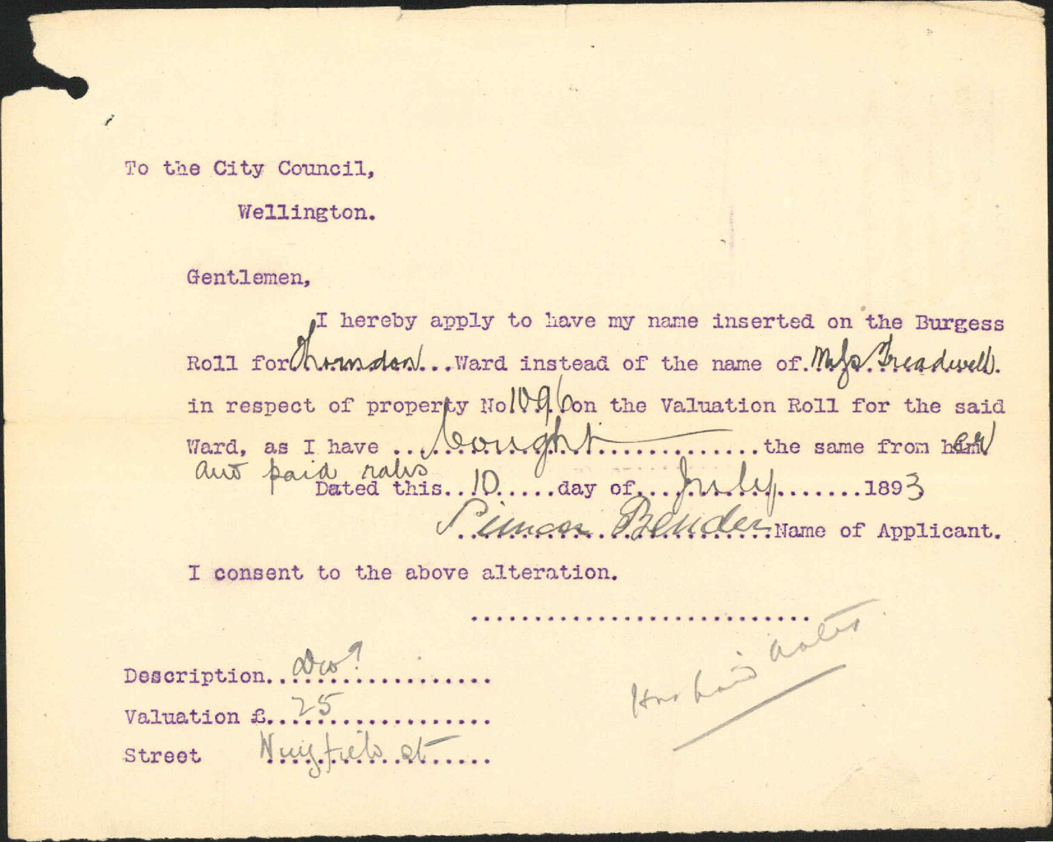 Application to be placed on Burgess Roll - Simon Bender