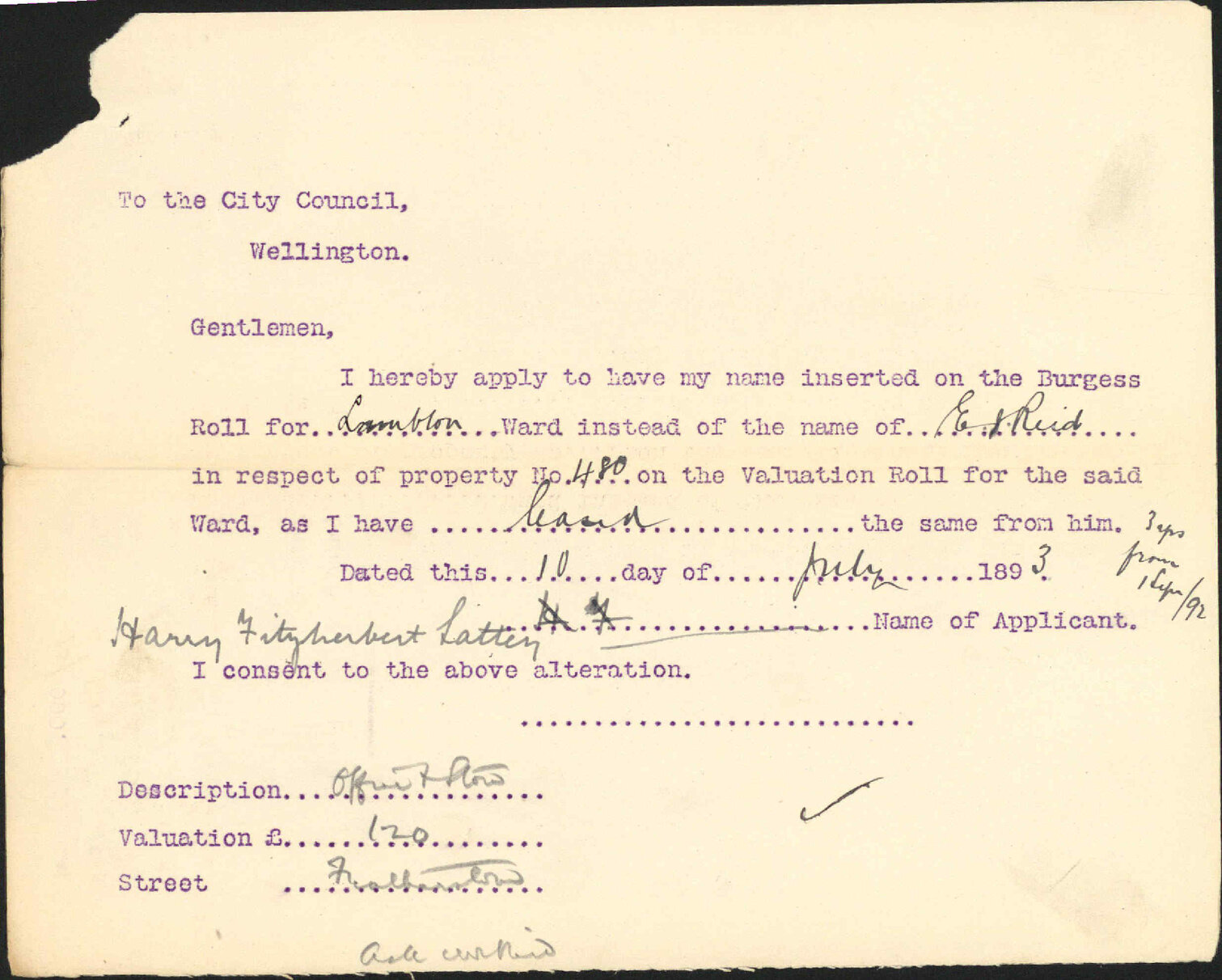 Application to be placed on Burgess Roll - H F Lattey