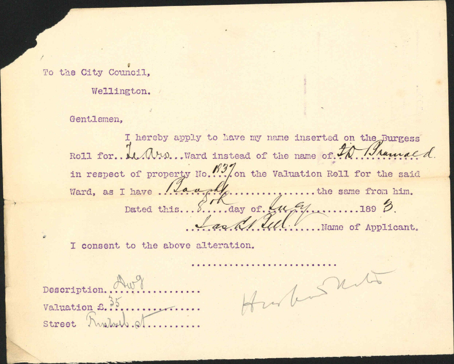Application to be placed on Burgess Roll - James L Bell