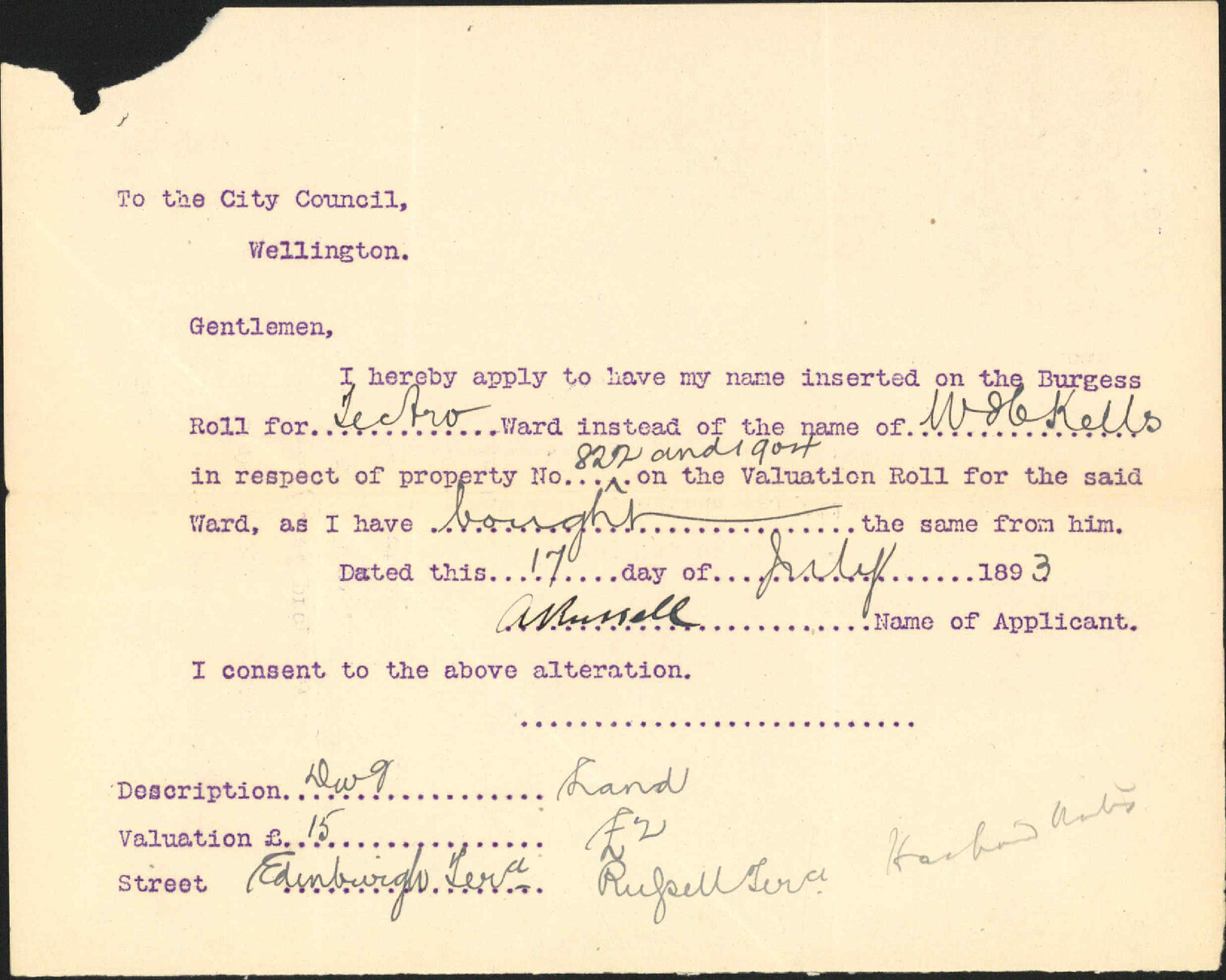Asking to be placed on Burgess Roll - A Russell