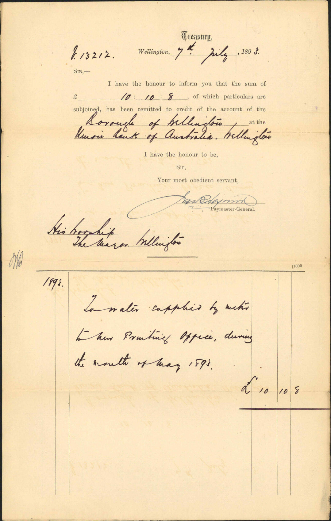 Advising payment of account - Treasury
