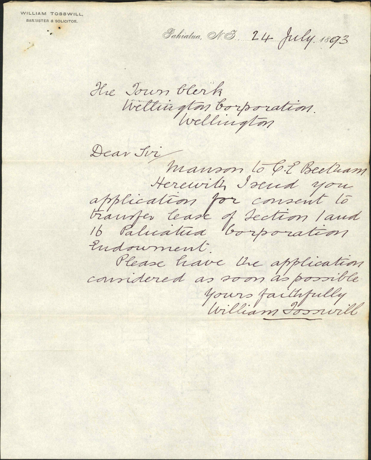 Manson's lease - William Tosswill, Pahiatua