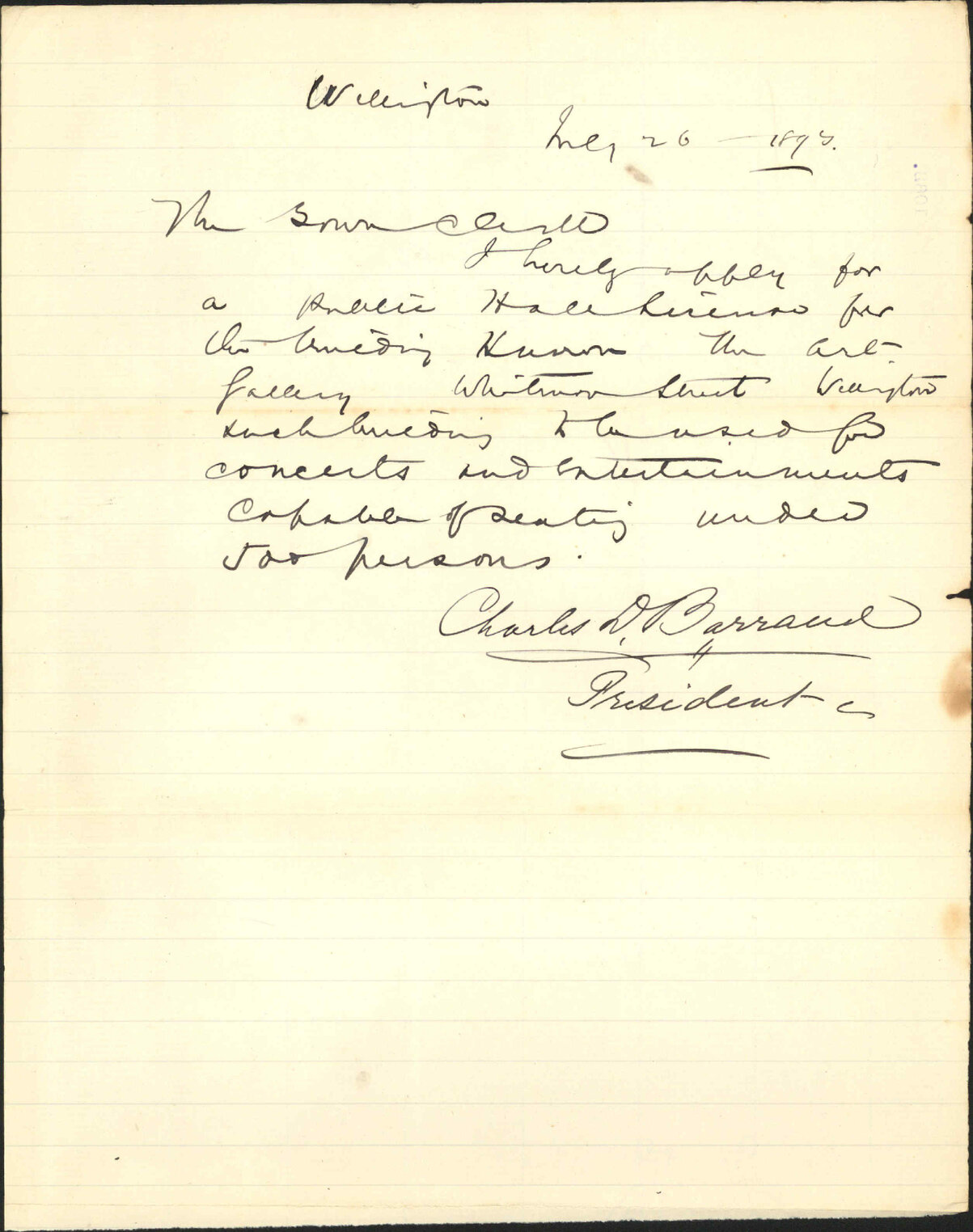 Asking for public hall license - C D Barraud