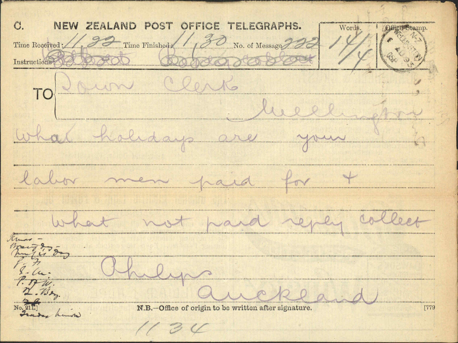 Enquiry regarding holidays for workmen - Town Clerk, Auckland