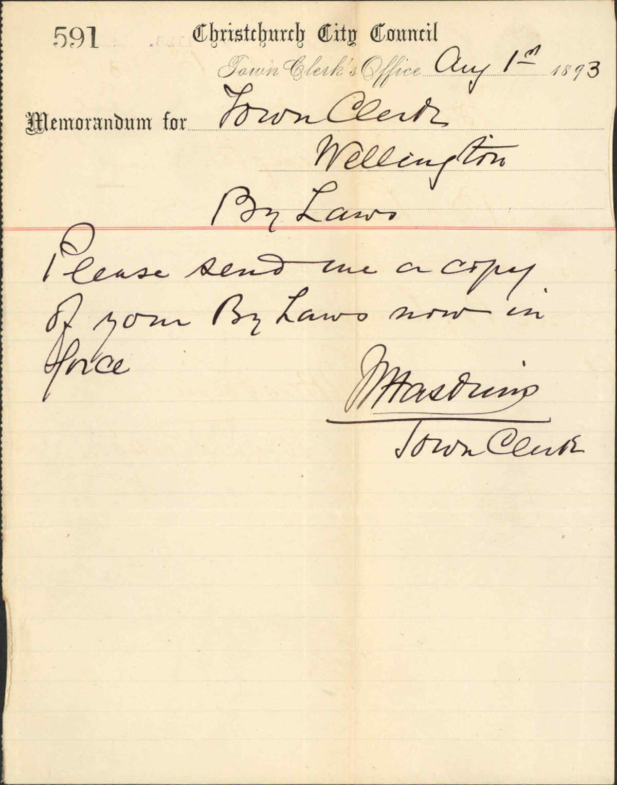 Asking for copy of bylaws - Town Clerk, Christchurch