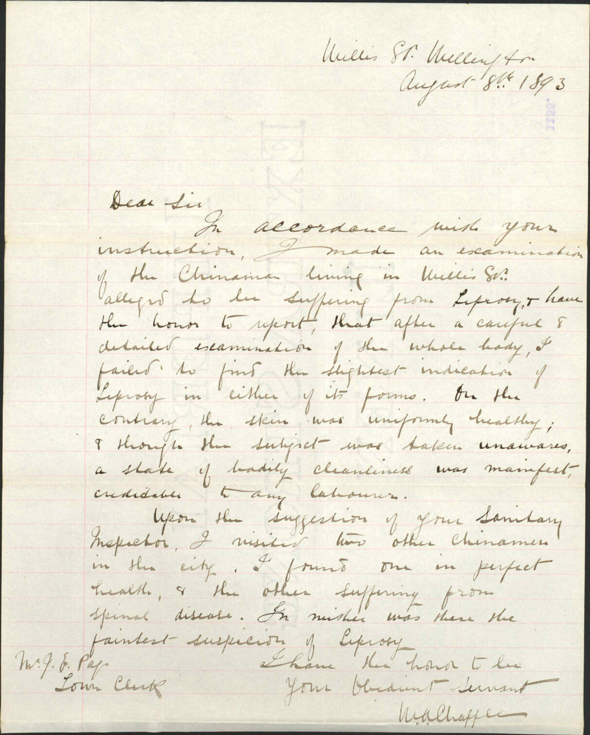 Certificate of examination of three Chinamen - Dr Chapple