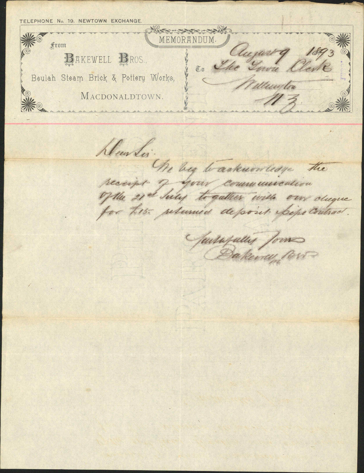 Acknowledging receipt of deposit cheque - Bakewell Bros