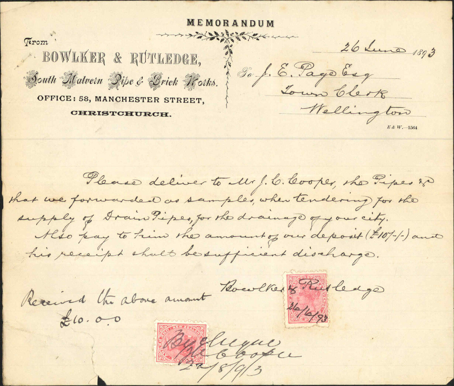 Their tender for drain pipes - Bowlker &amp; Rutledge, Christchurch