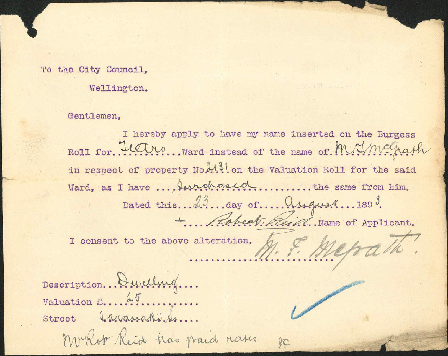 Application to be placed on Burgess Roll - Robert Reid