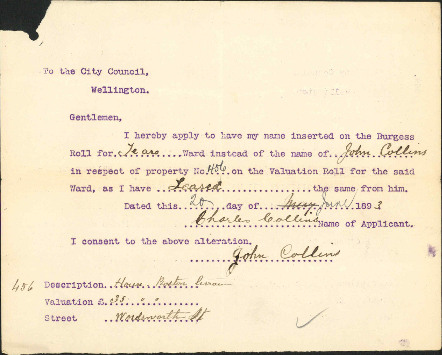asking to be placed on Burgess Roll - Charles Collins