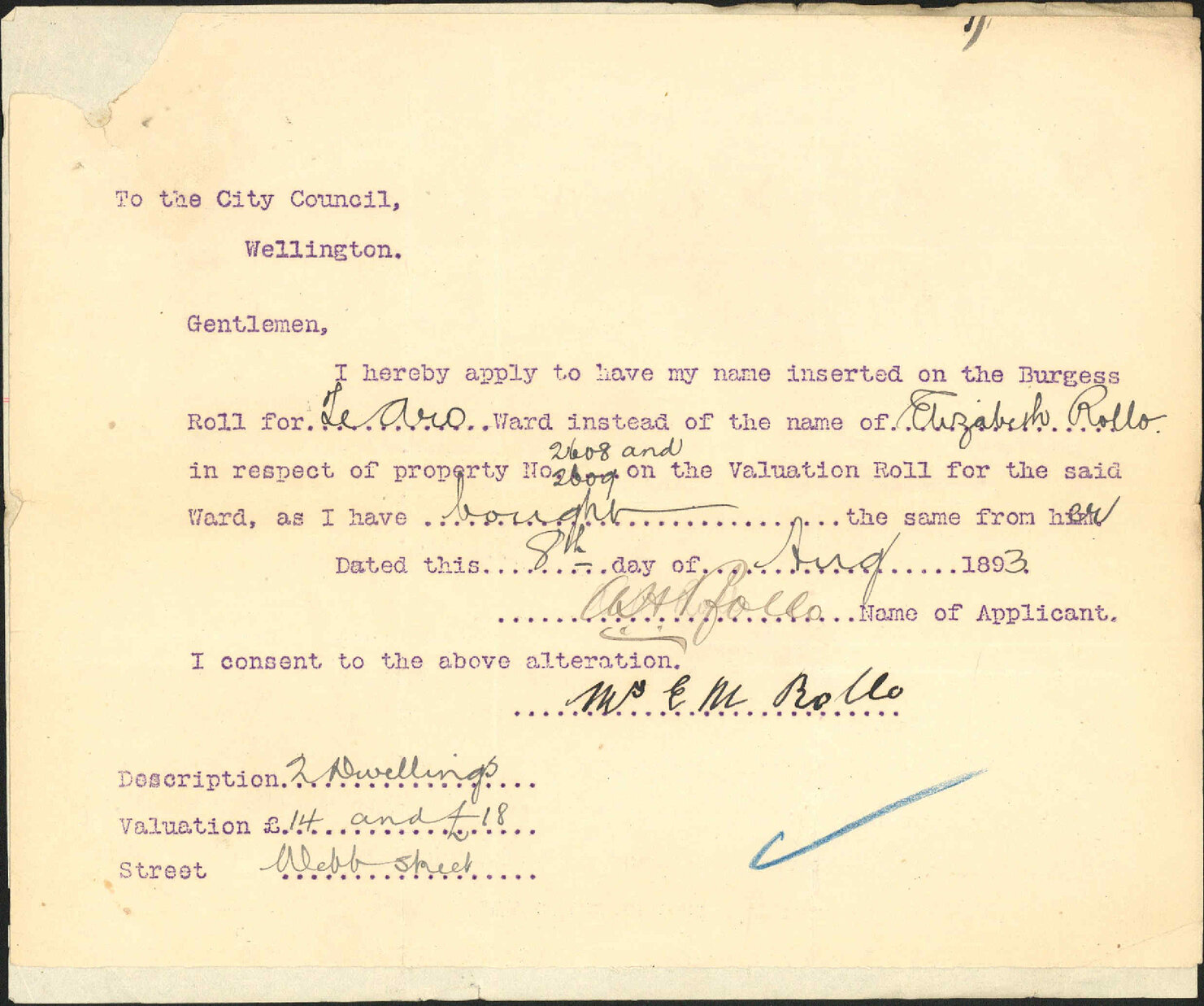 Application to be placed on Burgess Roll - A H Rollo
