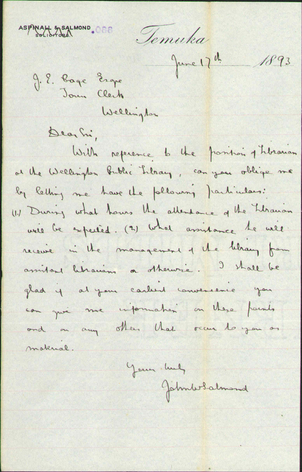 Enquiry regarding Librarian - J W Salmond