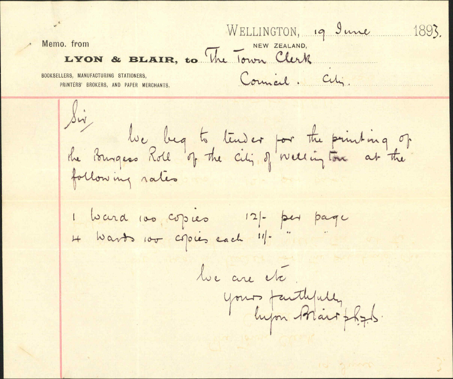 Tenders for printing Burgess Rolls - Lyon and Blair and others