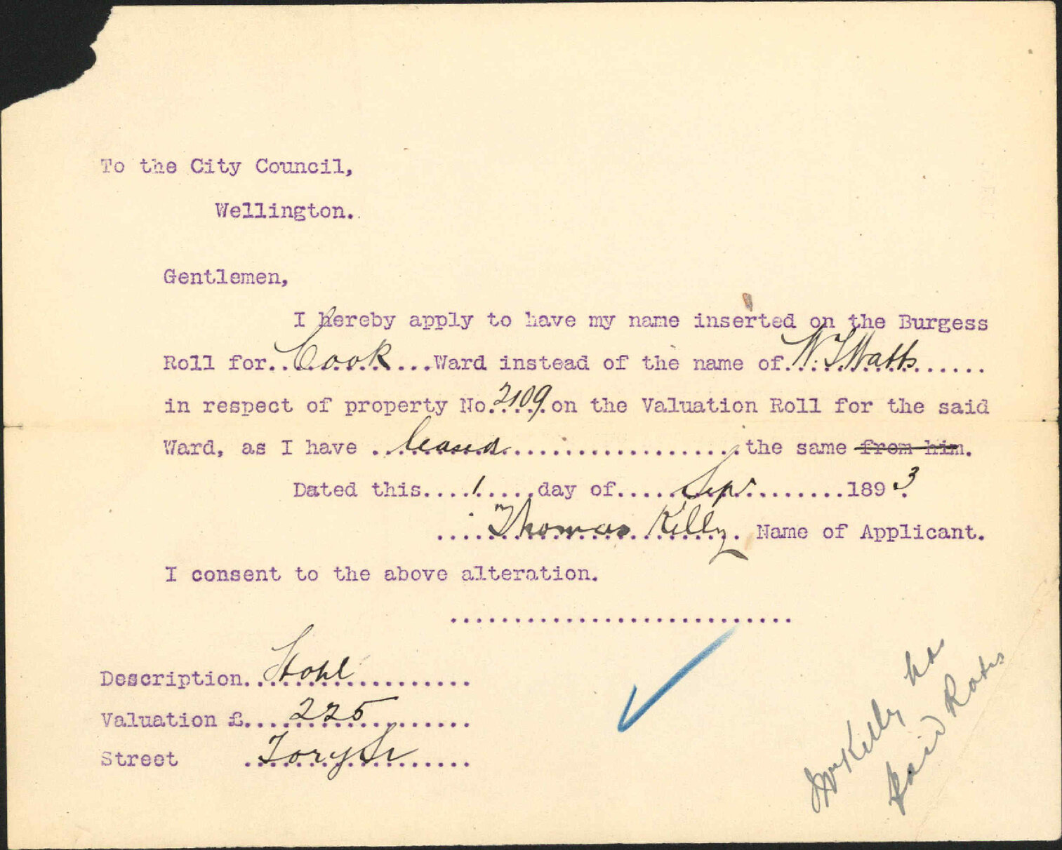 Asking to be placed on Burgess Roll - Thomas Kelly