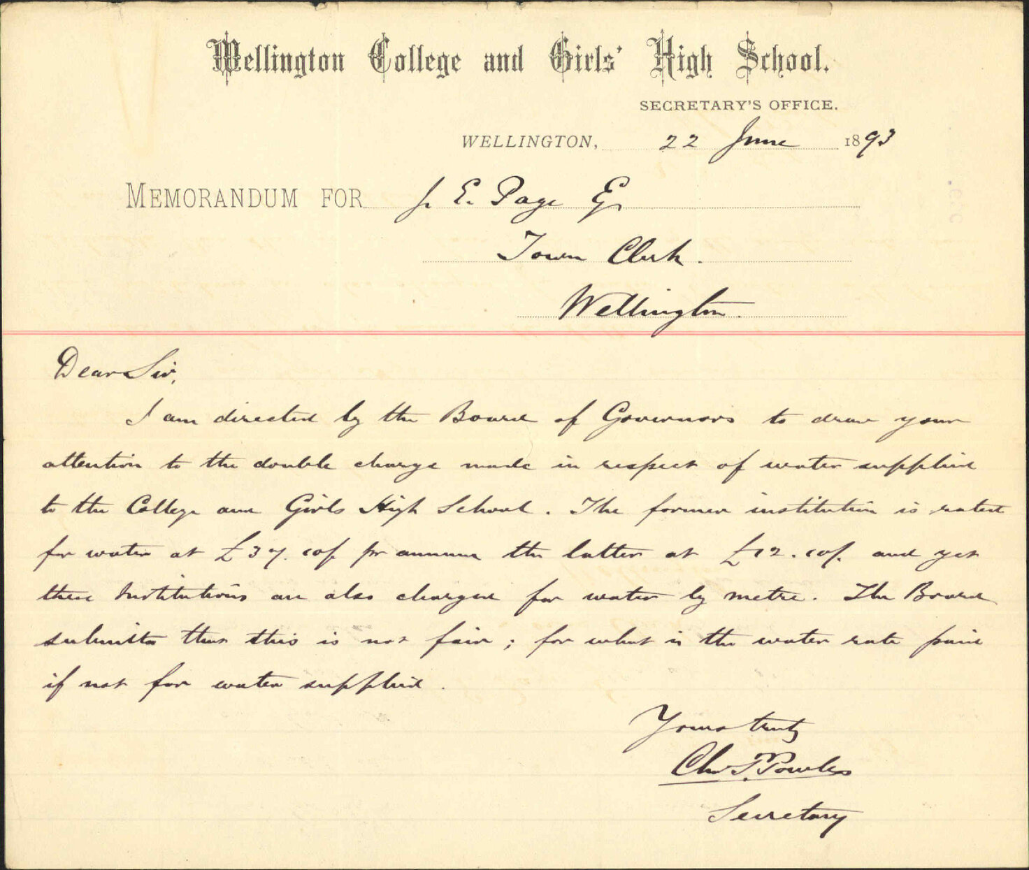 Further regarding water rate - Wellington College