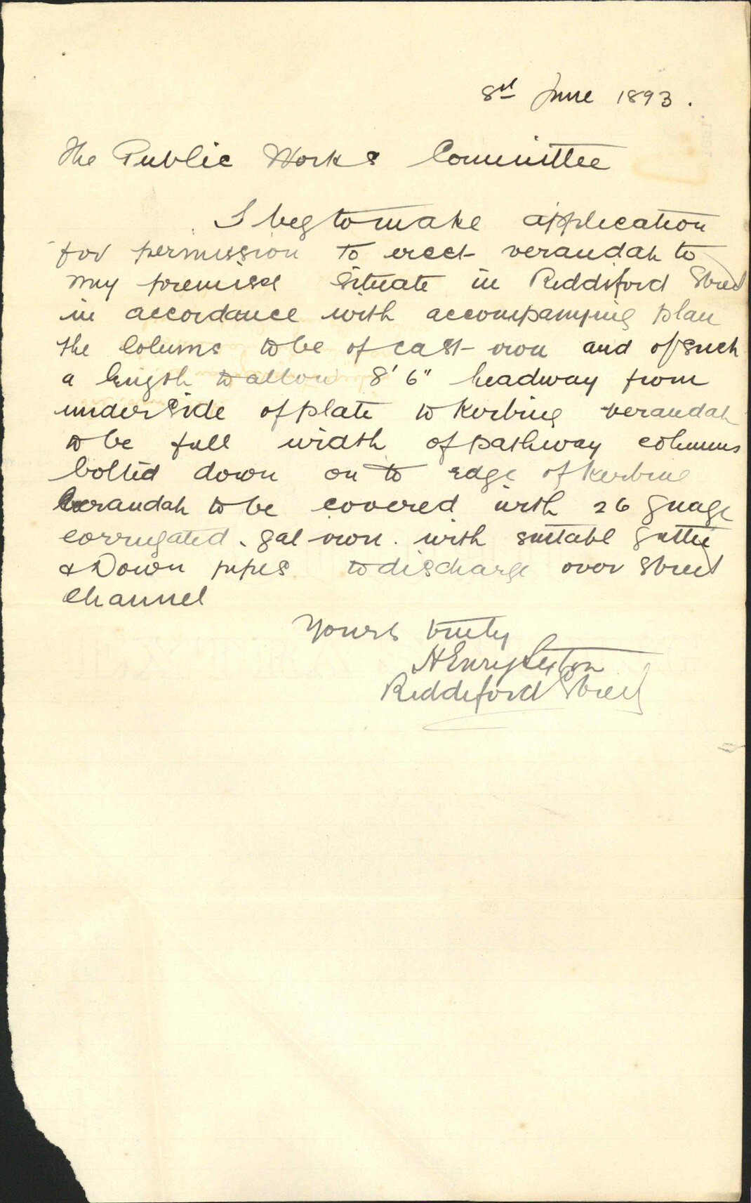 Application for leave to erect verandah - Henry Sexton