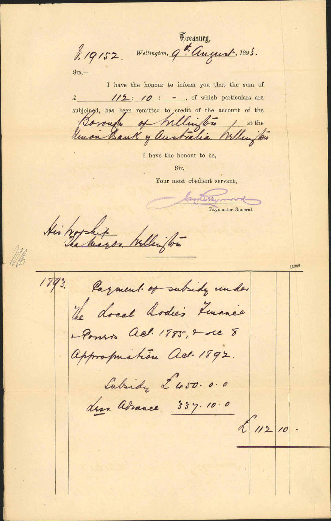 Advising payment of accounts - Treasury