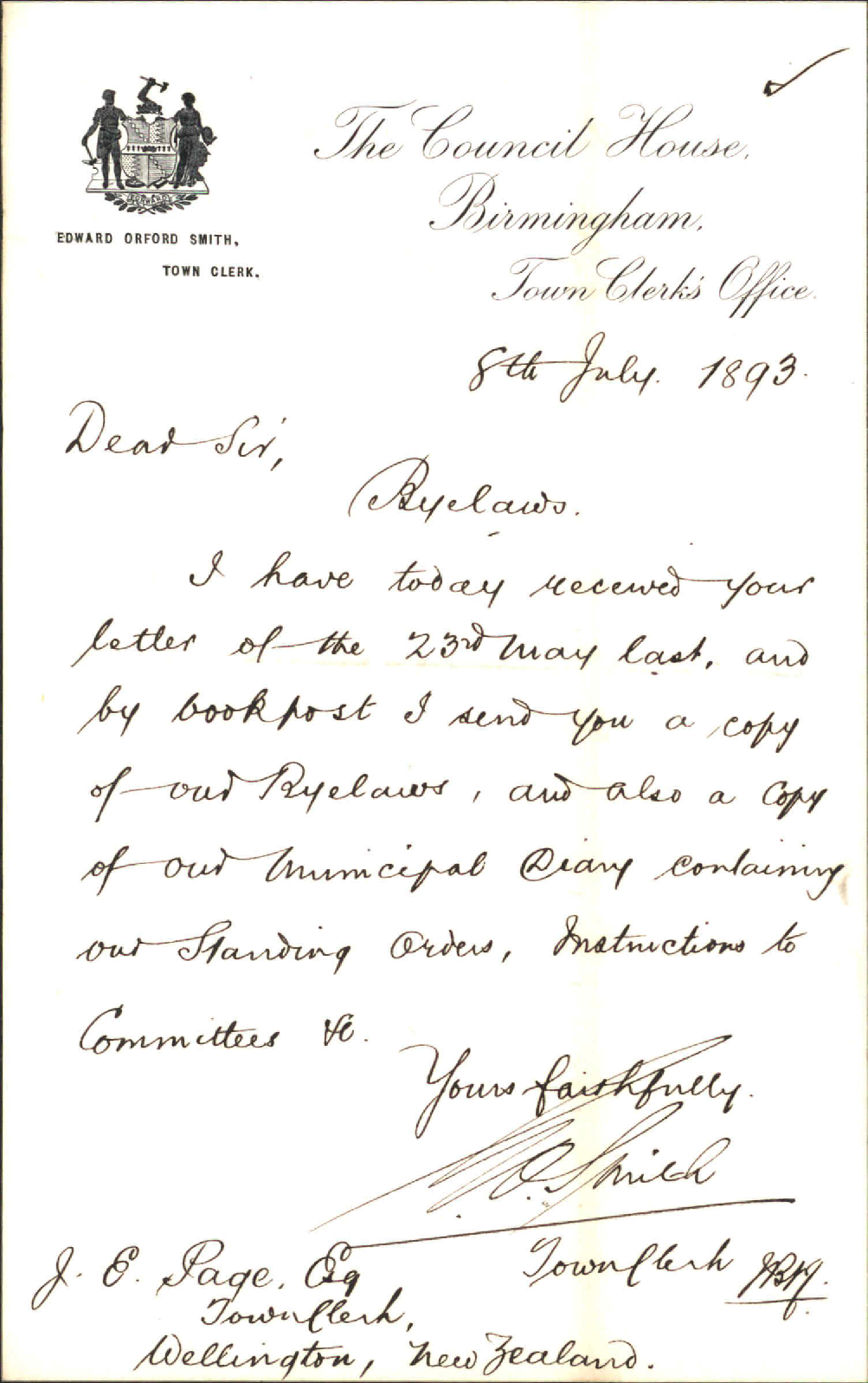 Forwarding copy of bylaws - Town Clerk, Birmingham