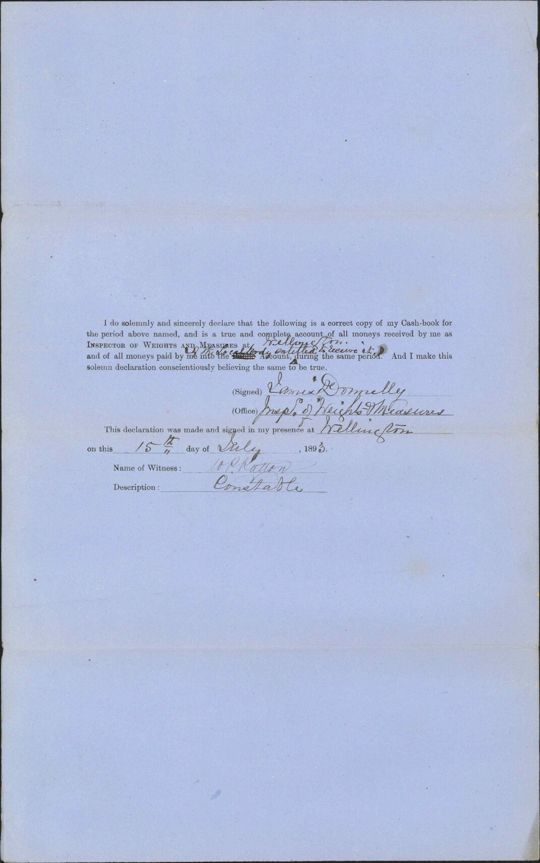 Return for past month - Inspector of Weights and Measures