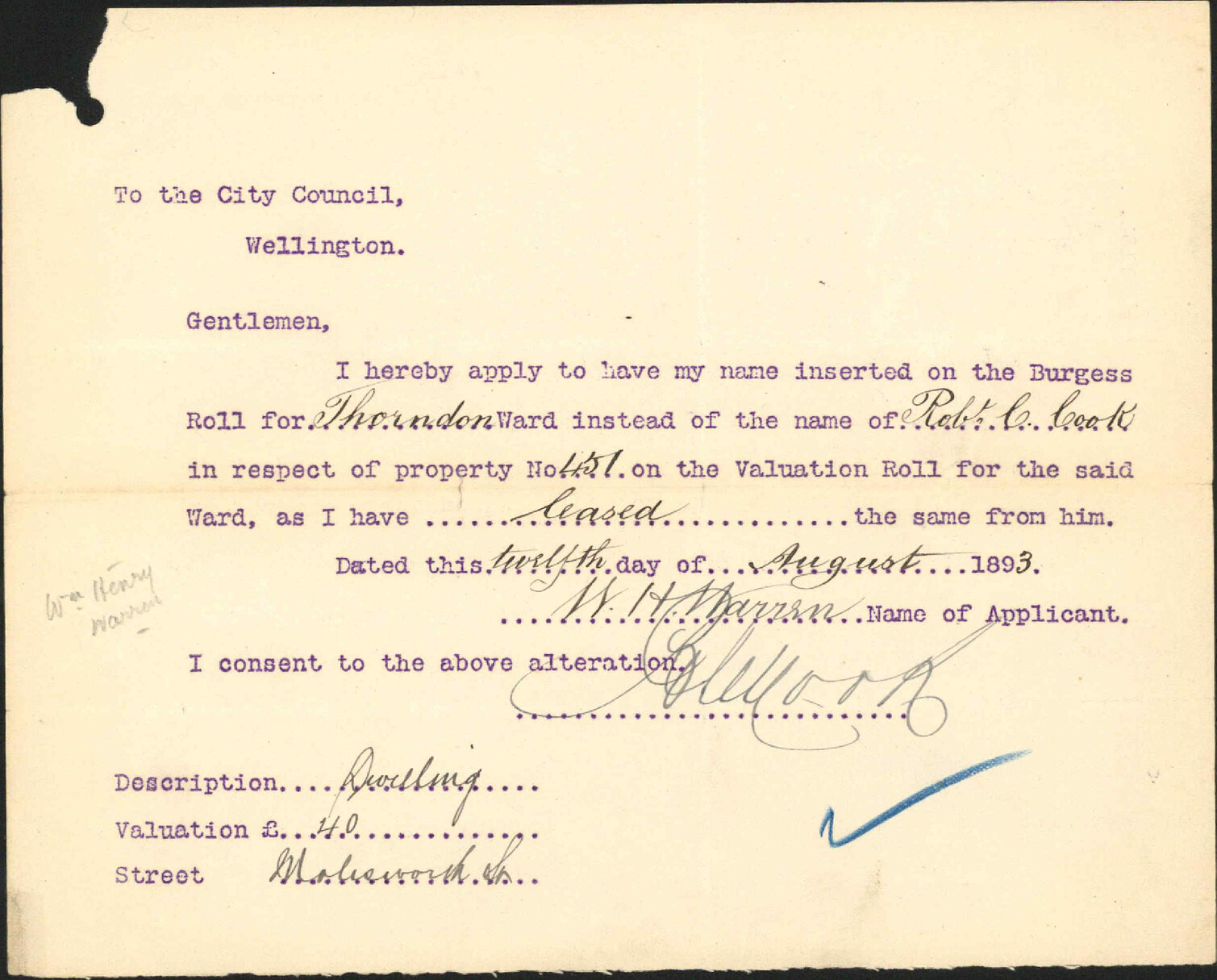 Application to be placed on Burgess Roll - W H Warren