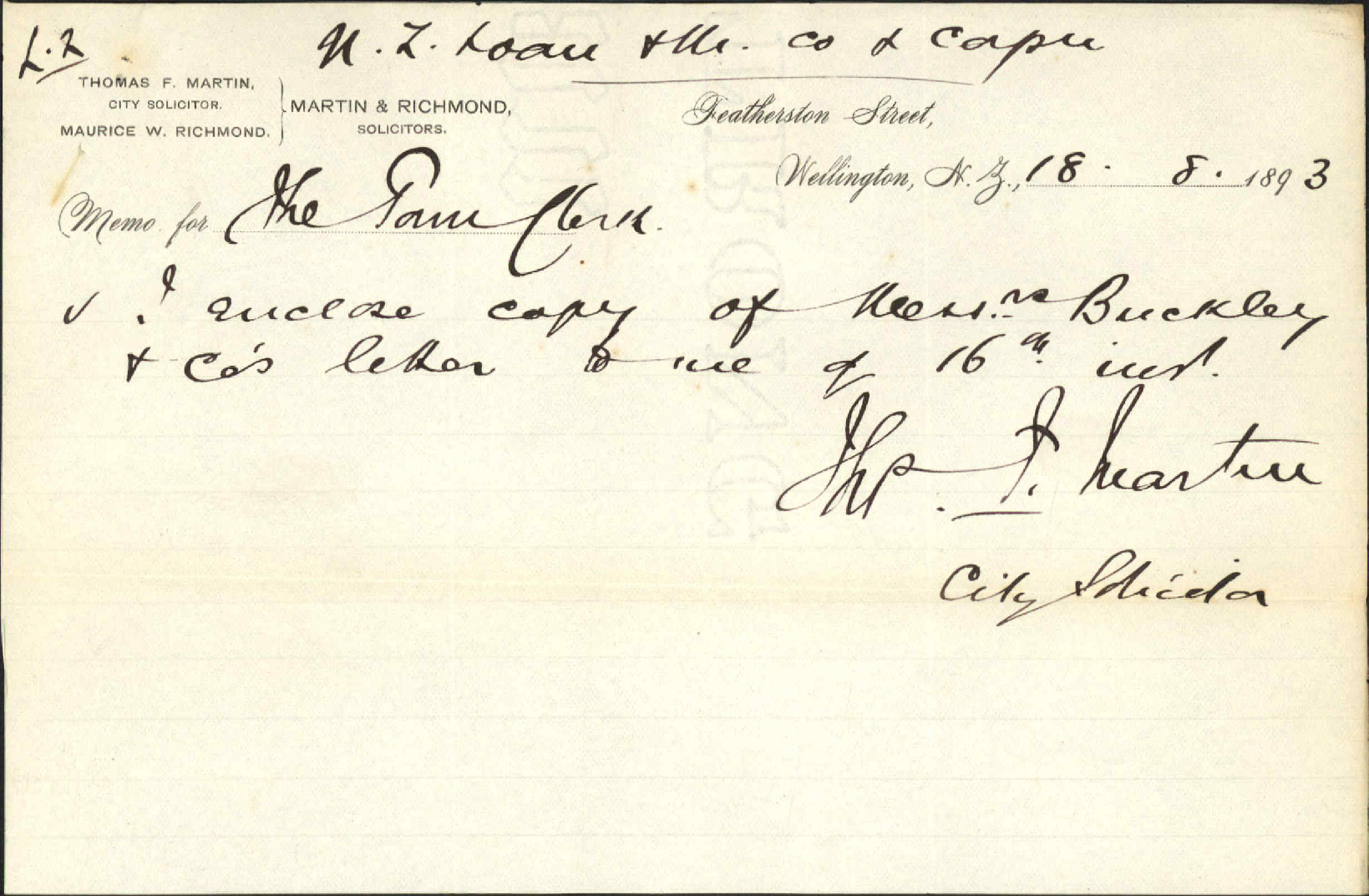 New Zealand Loan and Mercantile Agency Company - City Solicitor